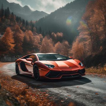 Lamborghini Aventador, Autumn background, Roadway, Orange aesthetic, 5K, Autumn Scenery, AI art