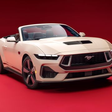 Ford Mustang GT Convertible, Anniversary Edition, 2025, 5K, 8K, Red background