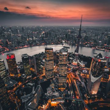 Shanghai City, Illuminated, Skyline, Aerial view, China, 5K, Skyscrapers, Urban, Metropolitan