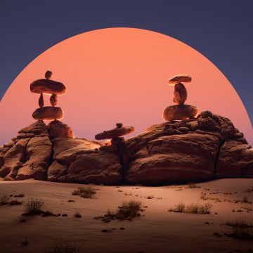 Balancing rocks, Sunset, Desert, 5K, Digital Art, Aesthetic