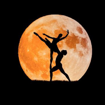 Couple, Ballet dancers, Full moon, Silhouette, Black background, Dancing, 5K, 8K