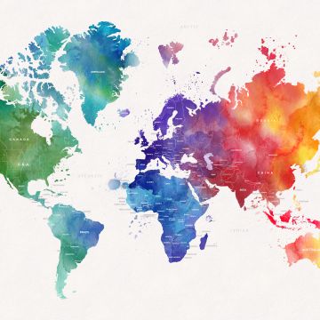 World map, Watercolors, Colorful, 5K