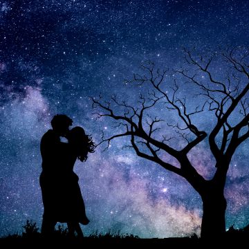 Couple, Night, Romantic kiss, Silhouette, Starry sky, 5K