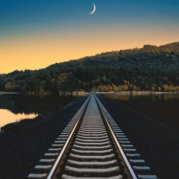 Railroad, Rail track, Mountain, River, Crescent Moon, Half moon, Landscape, Sunset, Aesthetic