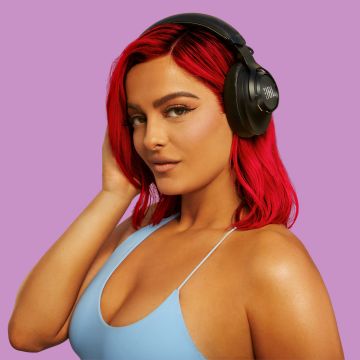 Bebe Rexha, Headphones, Pastel purple, 5K, Pastel background