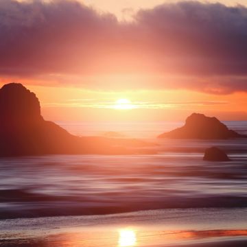 Beach, Sunlight, Sunset, Rocks, Long exposure, Reflection, Dawn