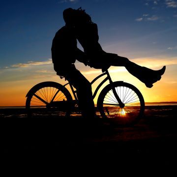 Couple, Bicycle, Sunset, Romantic kiss, Silhouette, Dusk, Evening