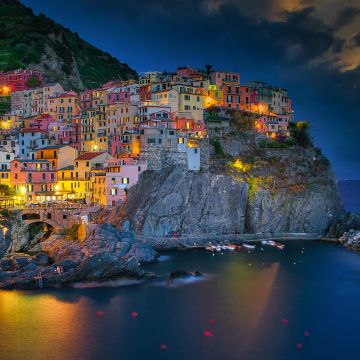 Manarola, Blue hour, Italy, Cinque Terre, Night lights, Long exposure, Seascape
