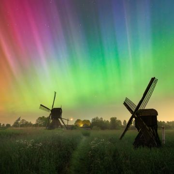 Aurora Borealis, Countryside, Northern Lights, Windmill, Colorful Sky