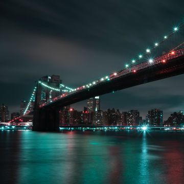 Brooklyn Bridge, 8K, Manhattan, City lights, Night, Cityscape, River, New York City, 5K