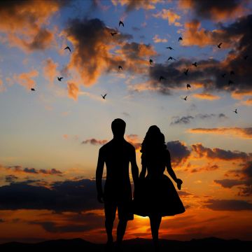 Evening, Couple, Silhouette, Sunset, Together, Dawn, Clouds