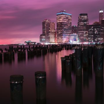 New York City, Downtown, Brooklyn Bridge Park, River, Night, Cityscape, City lights, Pink sky, 5K, 8K