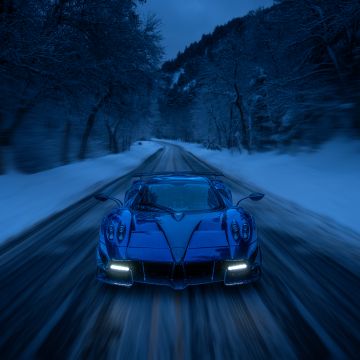 Pagani Huayra Roadster, Snow covered, Road, Winter Road, Winter forest, 5K, 8K, Cold night