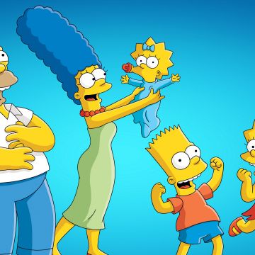 The Simpsons, Family, Homer Simpson, Marge Simpson, Bart Simpson, Lisa Simpson, Simpson family, Blue background, Cartoon