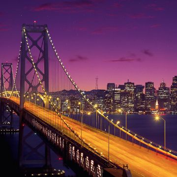 San Francisco-Oakland Bay Bridge, Twilight, Sunset, Night time, Long exposure, Crescent Moon, Purple sky