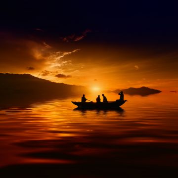 Sunset, Boat, Silhouette, Dusk, 5K, 8K