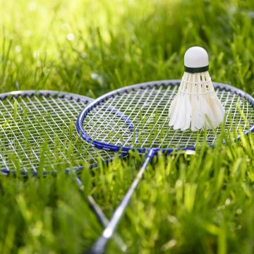 Badminton, Rackets, Shuttlecocks, Green Grass