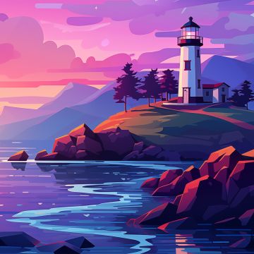 Vibrant, Landscape, Sunrise, Aesthetic, Colorful, Pink sky, Lighthouse, Sunset, Illustration, 5K