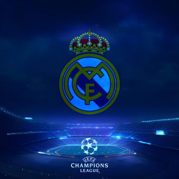 Real Madrid CF, UEFA Champions League, Logo, Football club, Stadium, Blue background