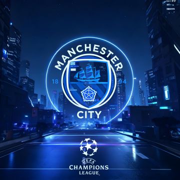 Manchester City FC, Futuristic, Neon logo, UEFA Champions League, Blue aesthetic, Football club