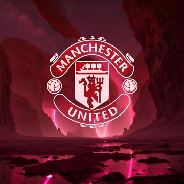 Manchester United, Neon logo, Premier League club, Football club, 5K, 8K, Red aesthetic