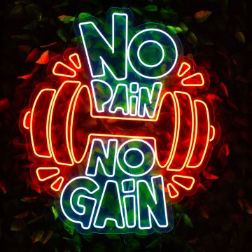 No pain No gain, Neon sign, Dark background, 5K, Glowing, Weight training, Gym