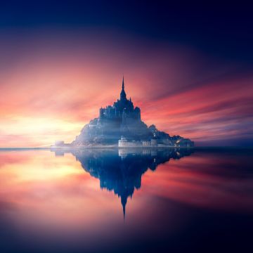 Mont Saint-Michel, Sunset, Twilight, Dawn, Reflection, Normandy, France, Aesthetic, 5K