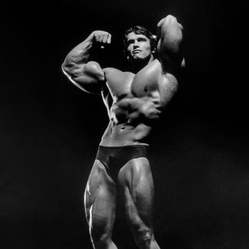 Arnold Schwarzenegger, Bodybuilder, Dark background, Monochrome, 5K