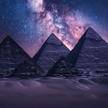 Egyptian Pyramids, Milky Way, Night sky, Seven Wonders of the Ancient World, AI art, The Great Pyramid of Giza, 5K