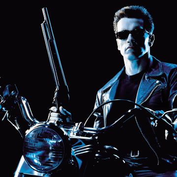 Terminator 2: Judgment Day, Arnold Schwarzenegger, 5K, Black background, AMOLED