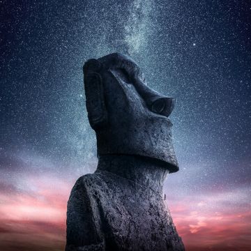 Moai statue, Easter Island, Ancient architecture, Starry sky, Sunset, Dawn, World Heritage Site, 5K