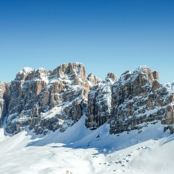 Dolomites, Clear sky, Mountain range, Sunny day, Winter, Snow covered, Mountains, Italy, 5K