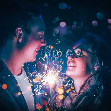 Couple, Sparklers, Lovers, Romantic, Love hearts, Night, Celebration, 5K