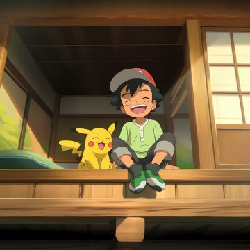 Ash Ketchum, Pikachu, Adorable, Scenic, 5K, Laughing, Pokemon