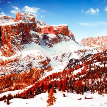 Winter, Dolomites, Mountain range, Sunny day, Snow covered, Mountains, Italy, 5K