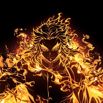 Kyojuro Rengoku, Fire effect, Demon Slayer: Kimetsu no Yaiba, Dark background, 5K