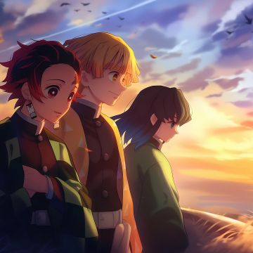 Demon Slayer: Kimetsu no Yaiba, Scenery, Friends, Inosuke Hashibira, Tanjiro Kamado, Zenitsu Agatsuma, 5K