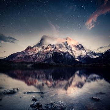 Mountains, Reflection, Starry sky, Cold, Lake, Dusk, Sunset, Tranquility, Foggy, 5K