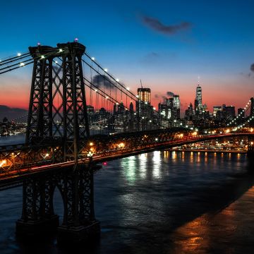 Williamsburg Bridge, Sunset, New York City, Suspension bridge, City lights, Night, Cityscape, USA