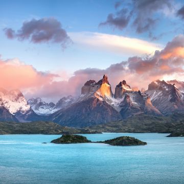 Torres del Paine National Park, Panorama, Mountains, Cloudy Sky, Sunny day, Ultrawide, 5K, 8K