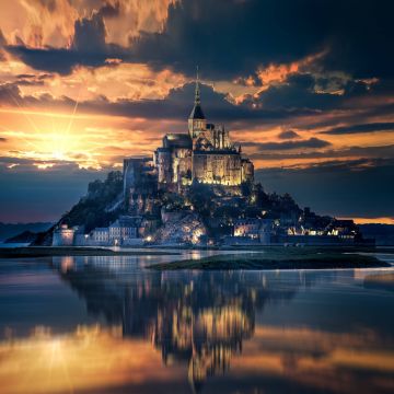 Mont Saint-Michel, Island, Ancient architecture, Reflection, Night, Sunset, Dawn, Evening sky, Normandy, France, 5K