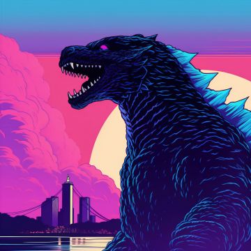 Godzilla, RetroWave art, 5K, Kaiju