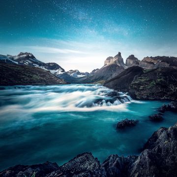 River, Water Stream, Scenic, Landscape, Mountains, Starry sky, Evening, Rocks, Aesthetic, 5K