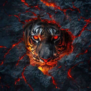 Fire, Tiger face, Lava, Closeup, Dark aesthetic, 5K