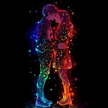 Kissing couple, Colorful art, AMOLED, Black background, 5K, Romantic kiss, Love couple