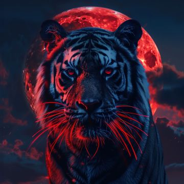 Tiger, Red aesthetic, Red moon, 5K, AI art, Closeup Photography