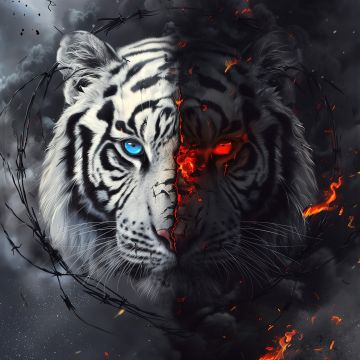 White tiger, Dope, AI art, 5K, Fire effect