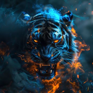 Roaring, Tiger, Flames, 5K, AI art, Dope