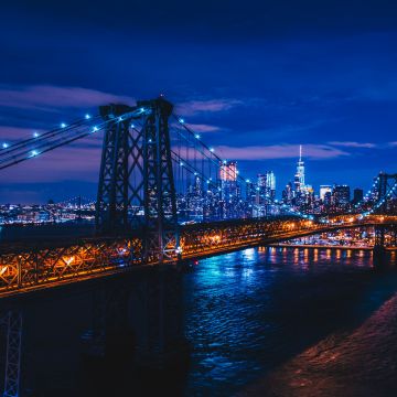 Williamsburg Bridge, Suspension bridge, New York City, City lights, Night, Cityscape, USA, 5K