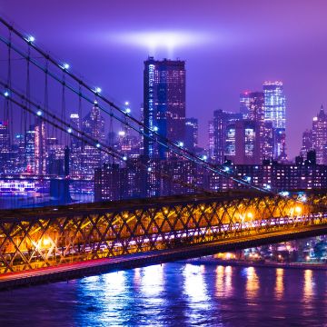 New York City, Purple aesthetic, Night, Cityscape, City lights, Suspension bridge, Buildings, USA